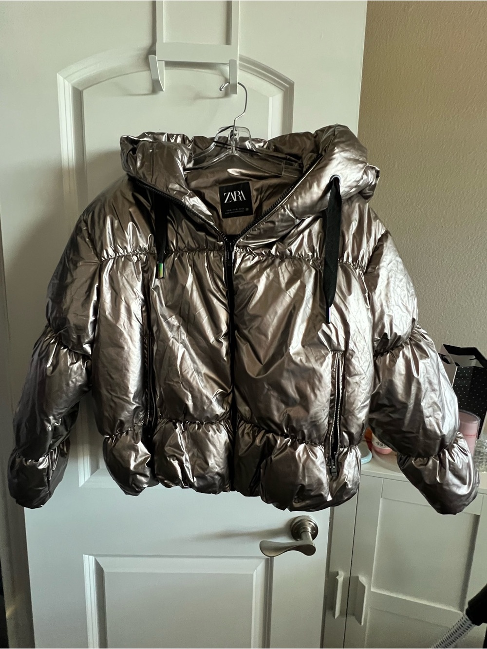 ZARA Woman’s Shiny Metallic Bronze Hooded Puffer Jacket
